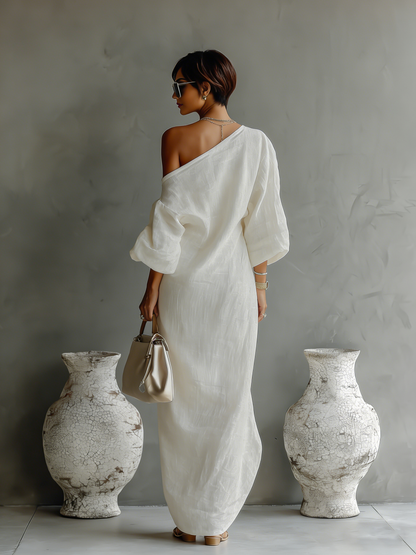 Alba – Ivory Linen Off-Shoulder Dress