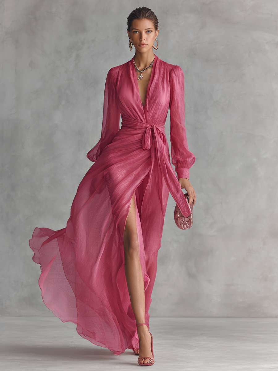 Pearl – Beaded Pink Chiffon V-Neck Dress