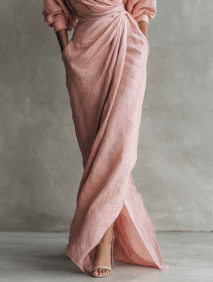 Sofia – Pink V-Neck Linen Maxi Dress