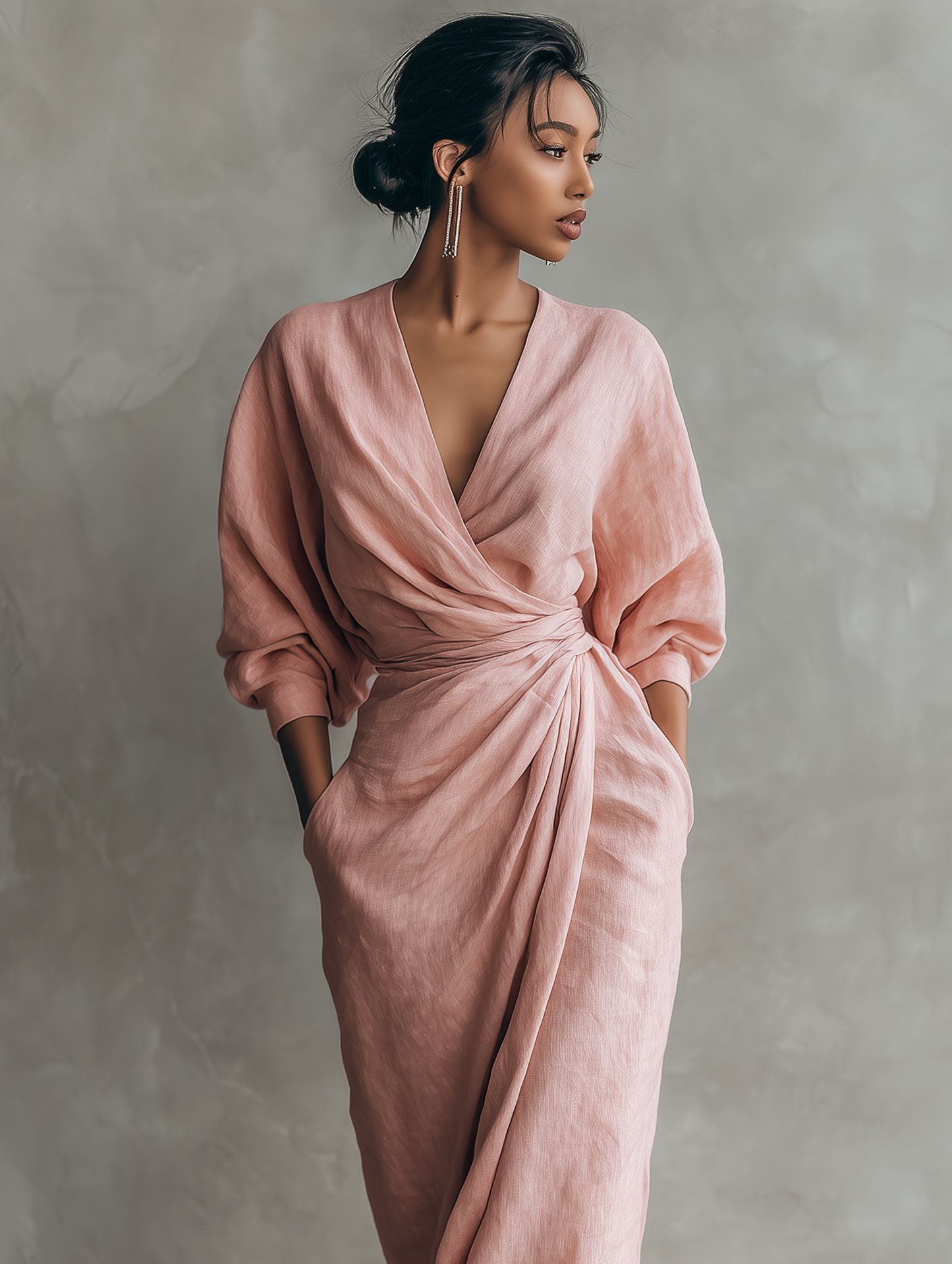 Sofia – Pink V-Neck Linen Maxi Dress