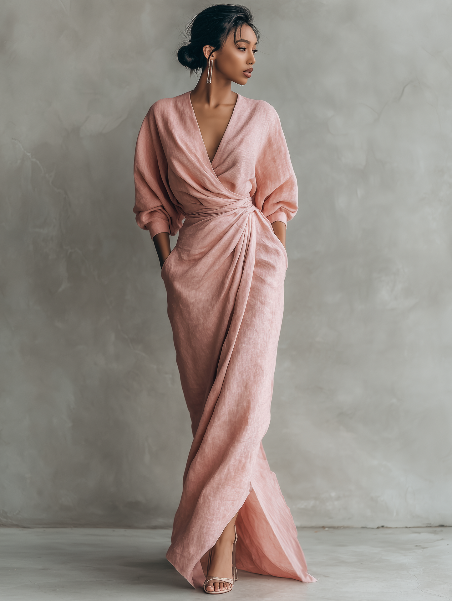 Sofia – Pink V-Neck Linen Maxi Dress
