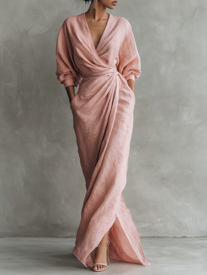Sofia – Pink V-Neck Linen Maxi Dress