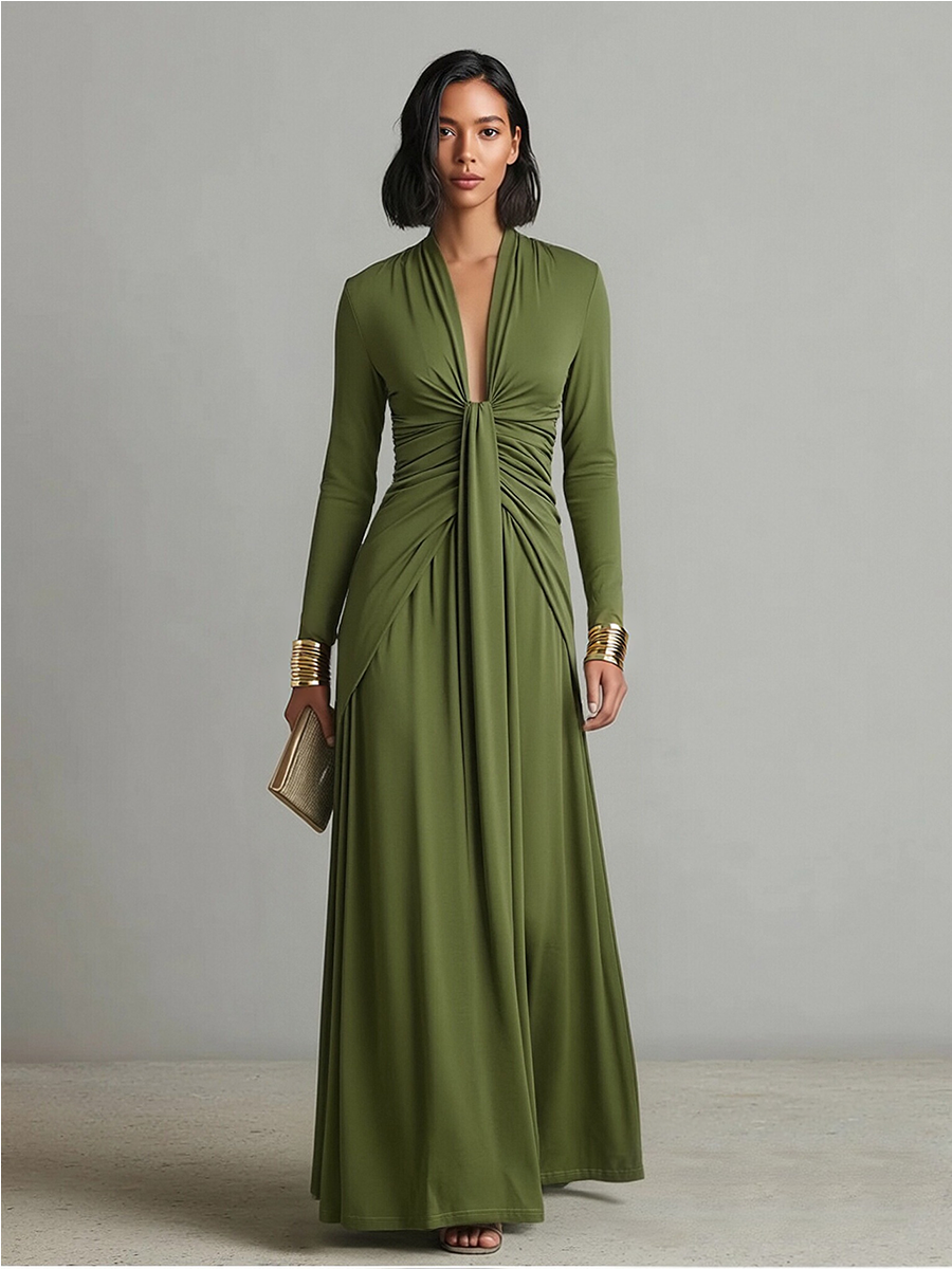 Celeste – Olive Silk Deep-V Maxi Dress