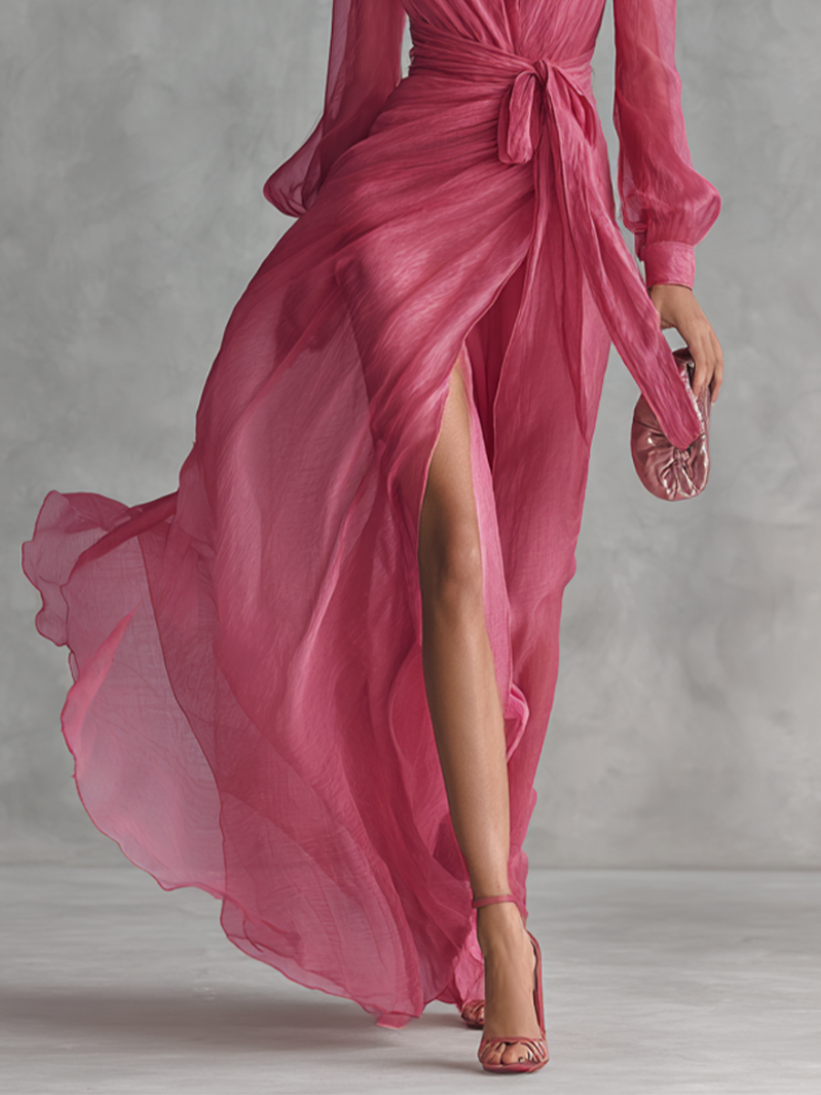 Pearl – Beaded Pink Chiffon V-Neck Dress