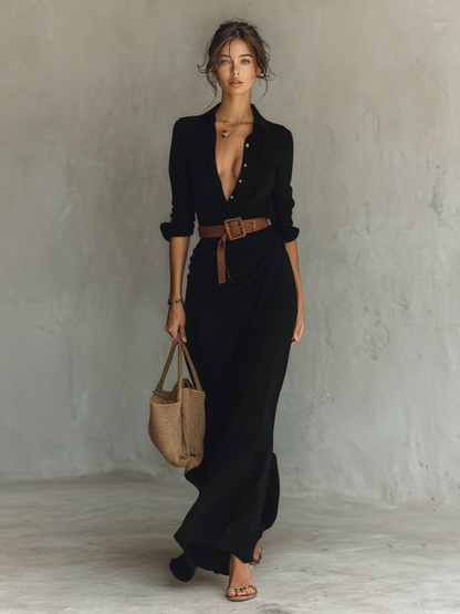 Margot – Belted Lapel Collar Maxi Dress