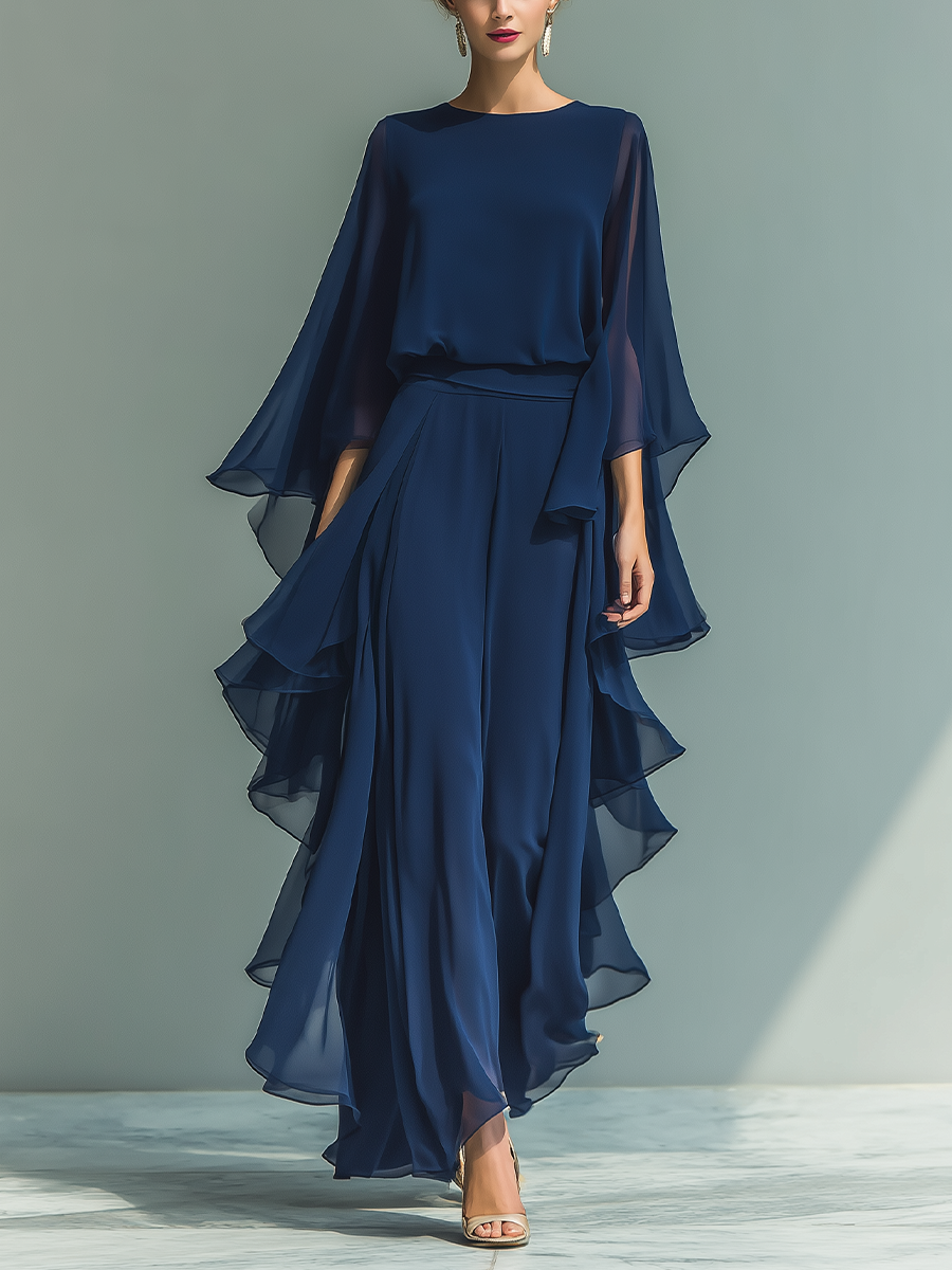 Marina – Navy Chiffon Bell-Sleeve Set