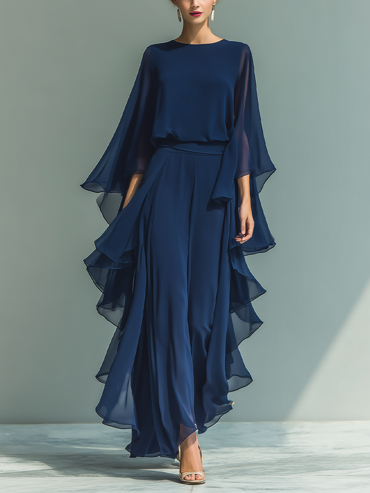 Marina – Navy Chiffon Bell-Sleeve Set