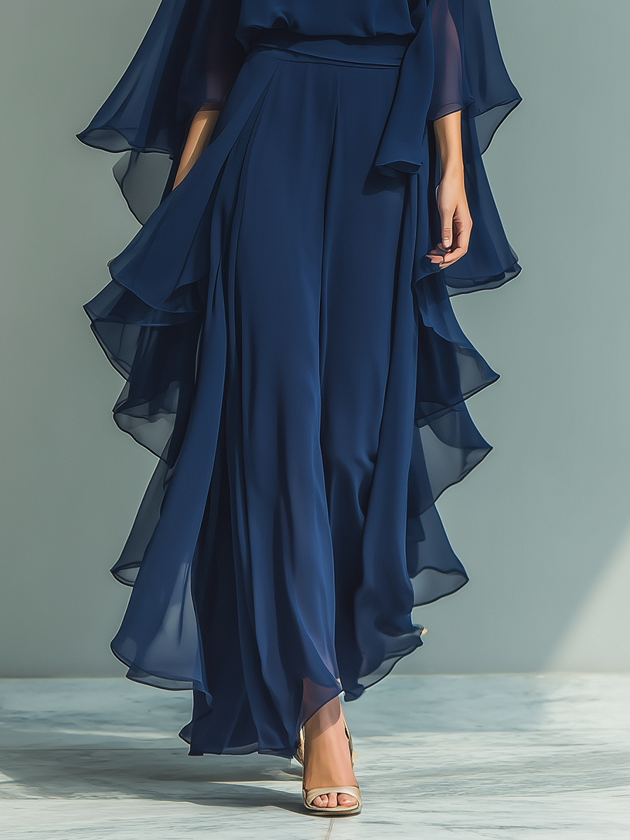 Marina – Navy Chiffon Bell-Sleeve Set