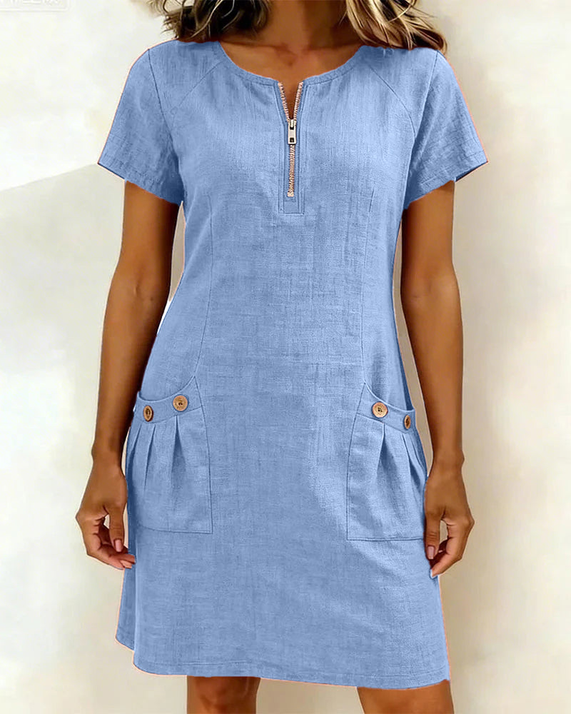 Nadia – Cotton Linen Zip Pocket Dress