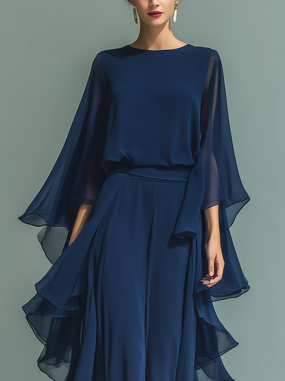 Marina – Navy Chiffon Bell-Sleeve Set