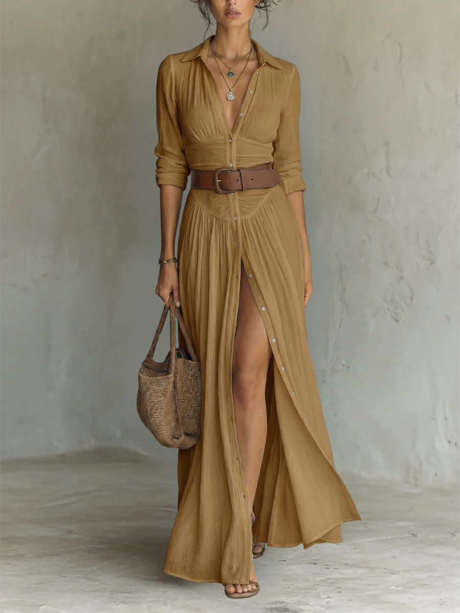 Elise – Linen Pleated Lapel Maxi Dress