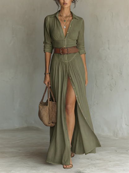 Elise – Linen Pleated Lapel Maxi Dress