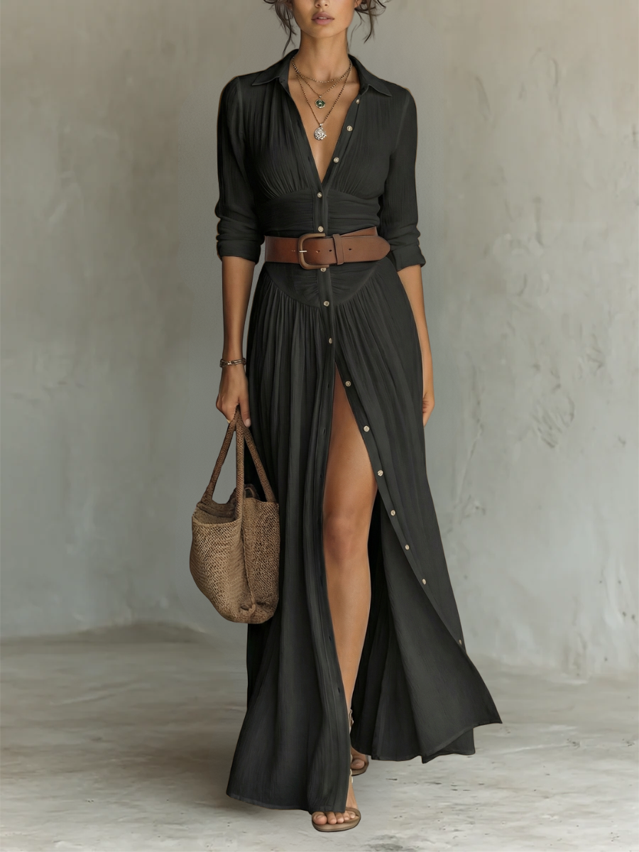 Elise – Linen Pleated Lapel Maxi Dress