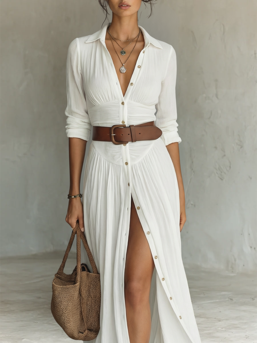 Clara – White Linen Pleated Maxi Dress