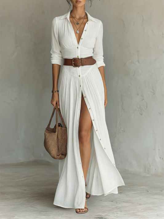 Elise – Linen Pleated Lapel Maxi Dress