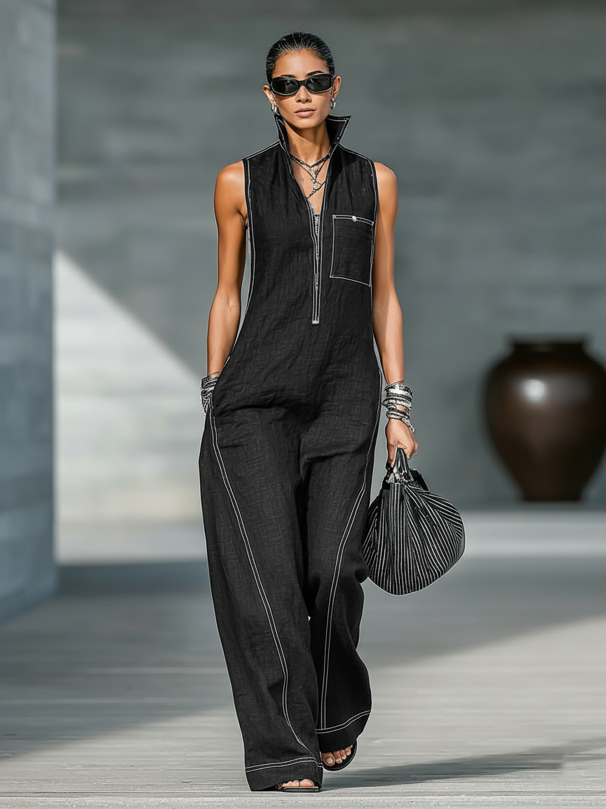 Leoni – Sleeveless Dungarees with White Trim