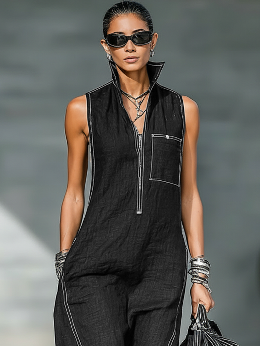 Leoni – Sleeveless Dungarees with White Trim