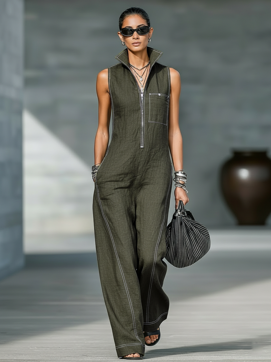 Leoni – Sleeveless Dungarees with White Trim