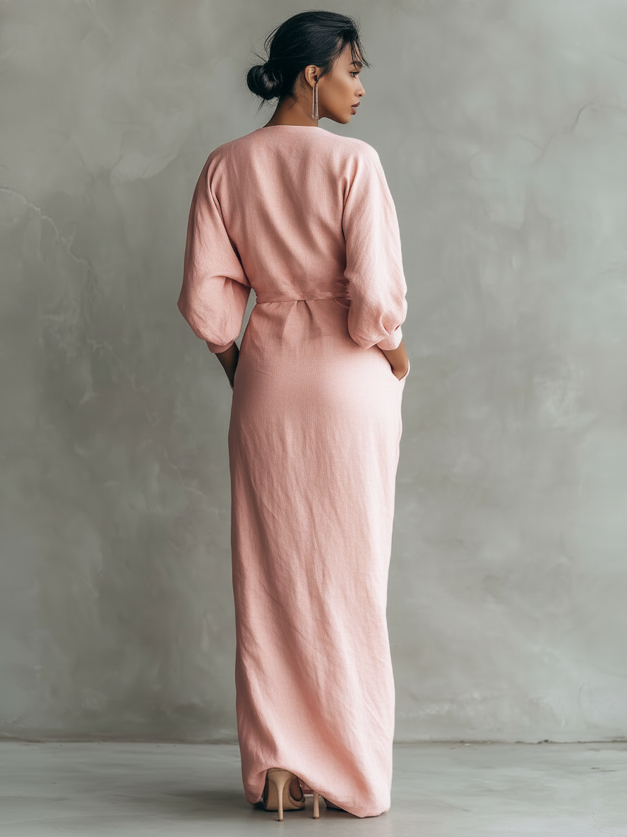 Sofia – Pink V-Neck Linen Maxi Dress