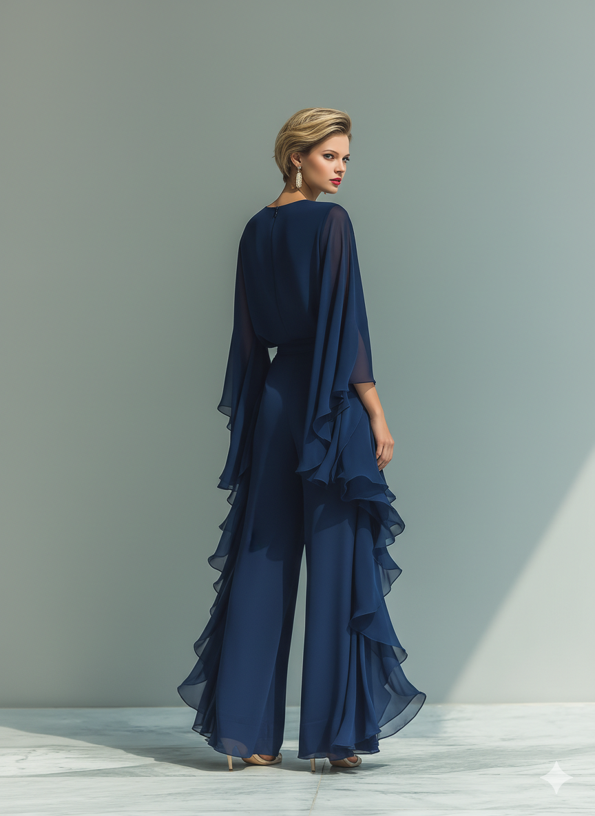 Marina – Navy Chiffon Bell-Sleeve Set