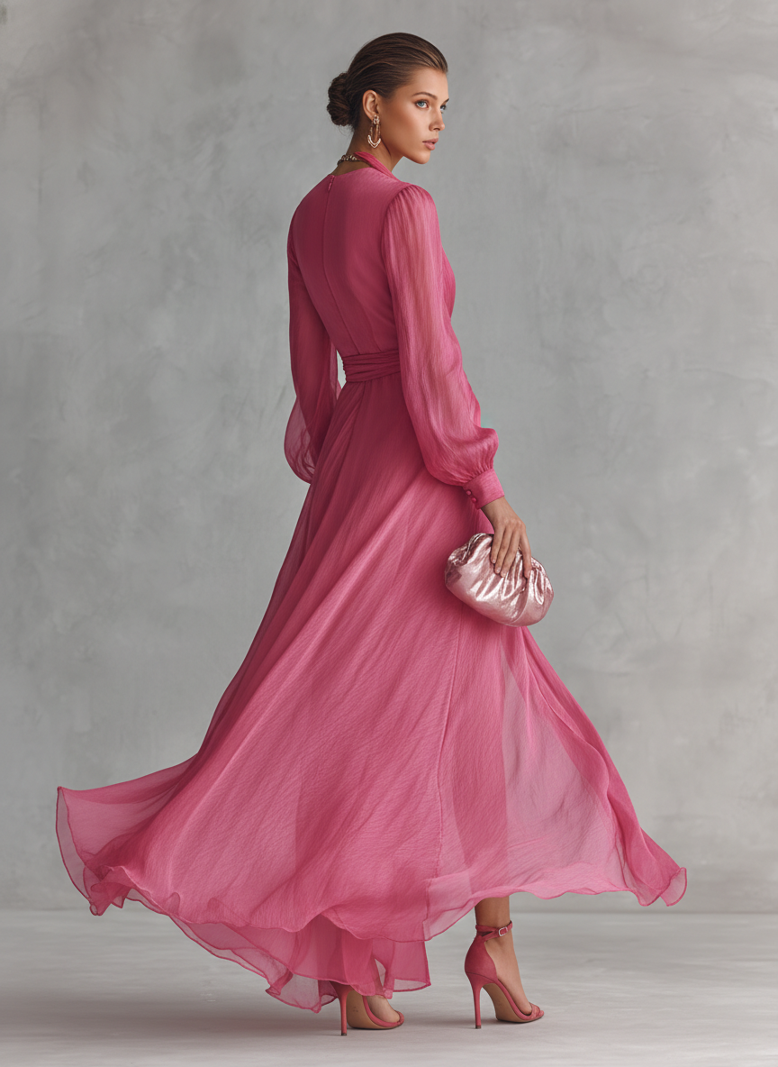 Pearl – Beaded Pink Chiffon V-Neck Dress