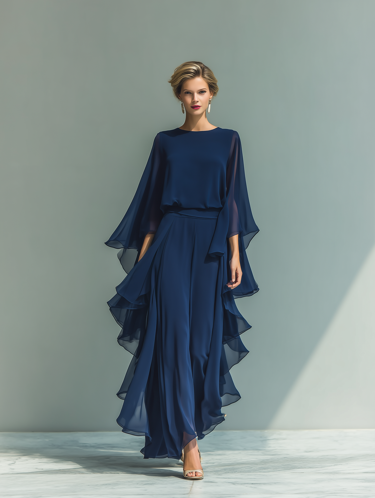 Marina – Navy Chiffon Bell-Sleeve Set