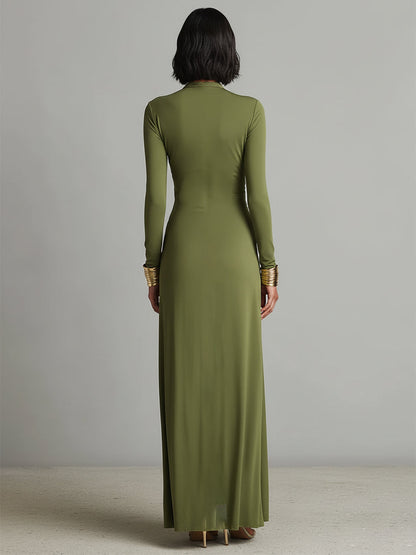 Celeste – Olive Silk Deep-V Maxi Dress
