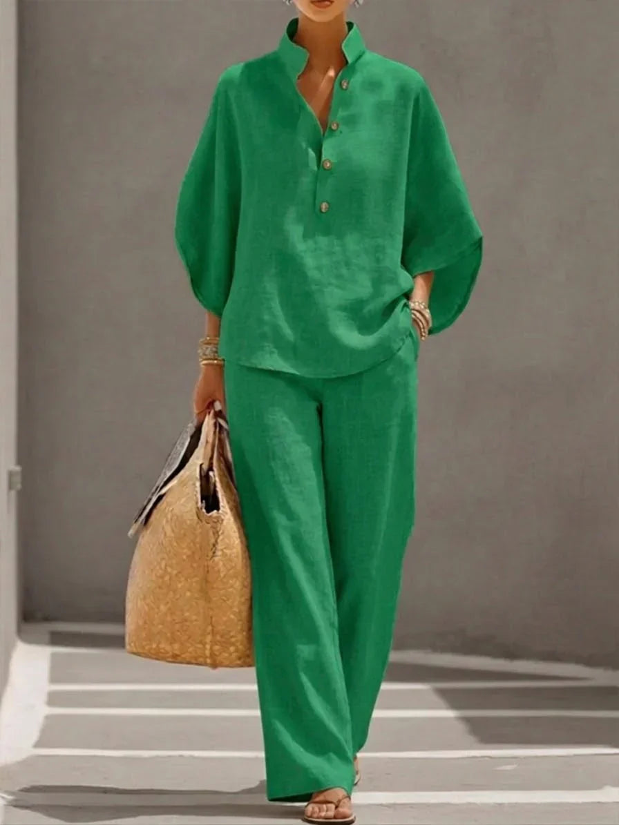 Maribel™ – Linen Batwing Wide-Leg Set